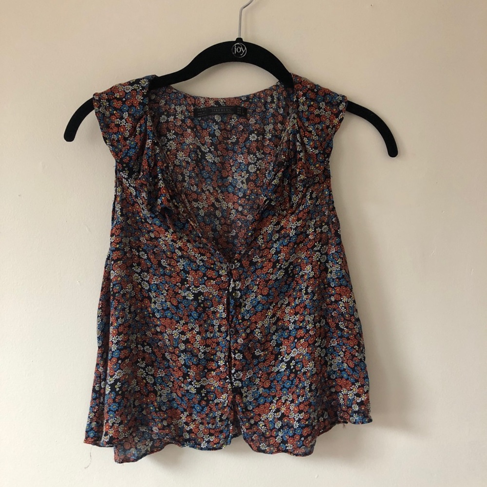 floral cropped tank blouse with ruffled collar